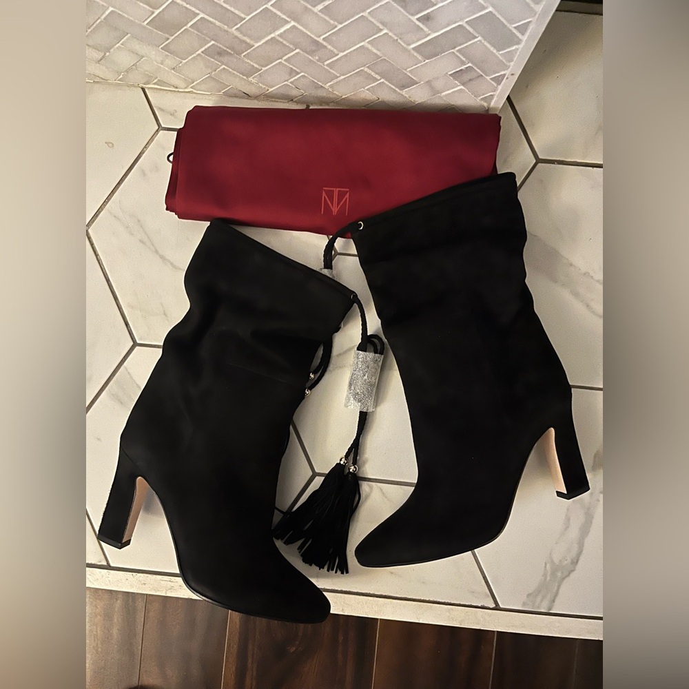 Tamara Mellon Women's Black Suede Mid-Calf Heeled Boots